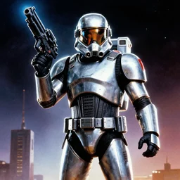 a movie poster with a space marine holding a big gun, poster art by drew struzan, cgsociety, retrofuturism, reimagined by industrial light and magic, poster art, movie poster, dramatic atmosphere