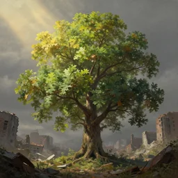 oak tree growing in the ruins of a city, post - apocalypse wasteland, gray dull background, vibrant colorful green leaves, hyperrealistic, highly detailed, cinematic, ray of golden sunlight, digital art, soft lightning, muted colors, beautiful, cgssociety, artstation, 8 k, oil painting by greg rutkowski, by artgerm, by wlop