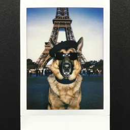 a german sheperd wearing a turtleneck, beret and sunglasses, paris 2010, polaroid photo