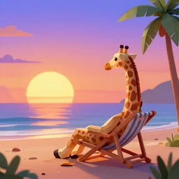 high poly retro wave sunset with a giraffe relaxing on a lawn chair on the beach looking off into the sunset