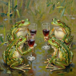 beautiful impressionist painting of frogs making wine