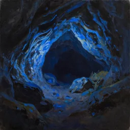 Inside of dark cave illuminated by blue lights, by Bob Ross, oil painting,