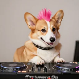 corgi with a pink mohawk and studded collar DJing with DJ turntables