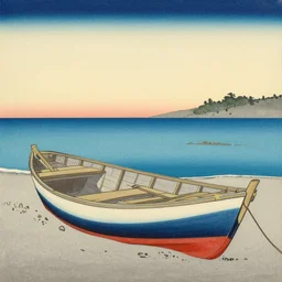 painting of a boat on a beach, an art deco painting by kawase hasui, featured on flickr, shin - hanga, ukiyo - e, woodcut, photo - illustration