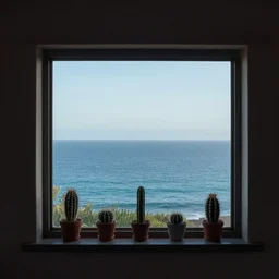view from inside a house on window with on it's border small cactus in pots and the ocean in background. dim light