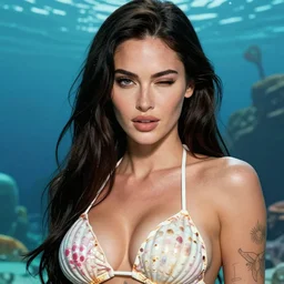 tattooed megan fox wearing a mermeid shell bikini top, atlantis in the background, one eye wink, highly detailed face, realistic face, beautiful detailed eyes, fantasy art, in the style of greg rutkowski, illustration, epic, fantasy, intricate, hyper detailed, artstation, concept art, smooth, sharp focus, ray tracing, vibrant,