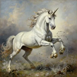 muscular anthropomorphic unicorn tearing barbed wire, highly detailed and very defined painting by gaston bussiere and j. c. leyendecker and craig mullins 8 k