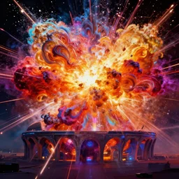 the arena explodes, digital art, epic composition, fantasy, explosion of color, highly detailed, in the style of jake parker, in the style of conrad roset, swirly vibrant colors, sharp focus