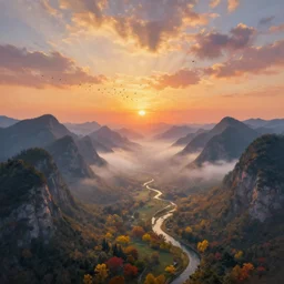 The most beautiful panoramic landscape, oil painting, where the mountains are towering over the valley below their peaks shrouded in mist. An enormous flock of birds is coming, The sun is just peeking over the horizon producing an awesome flare and the sky is ablaze with warm colors and stratus clouds. The river is winding its way through the valley and the trees are starting to turn yellow and red, by Greg Rutkowski, aerial view