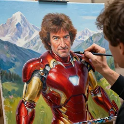 a closeup photorealistic photograph of bob ross working a canvas painting of iron man. mountain scape. film still, vibrant colors. this 4 k hd image is trending on artstation, featured on behance, well - rendered, extra crisp, features intricate detail, epic composition and the style of unreal engine.