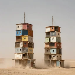 two high towers made up of stacked makeshift squatter shacks on a desert, bleached colours, dust storm, mamiya, 8 5 mm, fine details, photographed by sugimoto