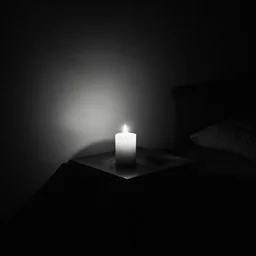 nighttime, a very dark room at night lit only by candlelight, black and white, grungy