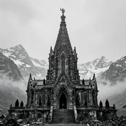 a artic landscape with a large, satanic temple on it. mountains that are snow capped are in the background. there is a group of black hooded cultists at the top of the satanic temple. overcast sky, snowing, grainy.