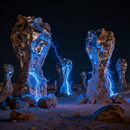 a desert composed of metallic rocks with electrical blue discharges, many electrical blue arches transmitting between the different rocks, electrical blue sparkles in the ground, moonless night, very black sky, cinematic, high quality, 1 6 k, breathtaking quality, detailed, hyperealistic, dreamy, fantasy digital art