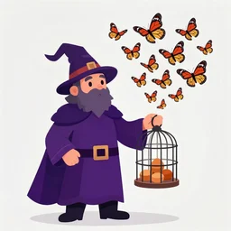 wizard holding a cage, with a swarm of monarch butterflies fluttering out, digital 2d fantasy art