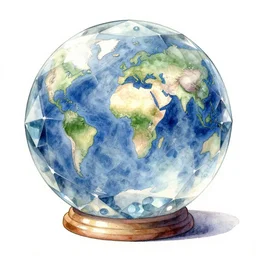 a magical and exquisite fantasy watercolor and ink illustration of an intricate and faceted crystal ball with a world inside of it dissolving in to light  prism  god rays  dramatic lightning  backlit  caustics + refractive + DOF + sharp focus + watercolor artwork by Alvaro Castagnet