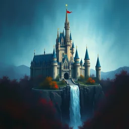 a painting of a castle with a waterfall in front of it. digital painting, vertical, intricate, beautiful, detailed, grunge, sharp focus, abstract art by el lissitzky and artgerm and kandinsky, trending on artstation. blue, dark red and dark purple color scheme, gradient darker to bottom