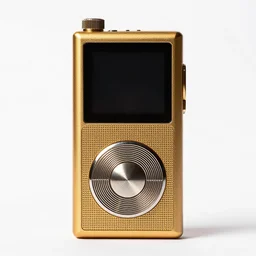gilded walkman, high detail macro photography, isolated on a pure white background, centered, entire object in frame, sharp focus, soft studio lighting