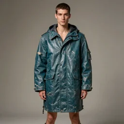 an award - winning photo of an ancient male model wearing a plain cropped baggy teal distressed medieval designer menswear leatherparka jacket designed by alexander mcqueen, 4 k, studio lighting, wide angle lens, 2 0 0 4