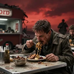 movie scene of an war - man eating dirty meal in the destroyed diner, dynamic lighting, deep red sky, wonder war ( 2 0 0 8 )