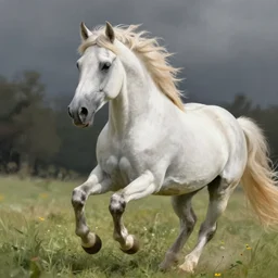 white horse with blond mane running in field, highly detailed, digital painting, artstation, concept art, sharp focus, illustration, aleksi briclot, rutkowski