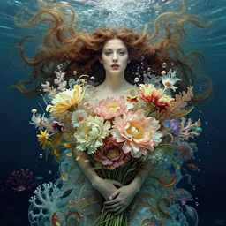 portrait of a beautiful mysterious woman, holding a bouquet of large flowing flowers, bubbles, upward flowing long hair, hands disappeared under the bouquet, underwater with coral and fish, fantasy, regal, intricate, by stanley artgerm lau, greg rutkowski, thomas kinkade, alphonse mucha, loish, norman rockwell