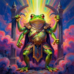 [ style ] [ oil painting ] [ palate ] [ vibrant gothic colors ] 👾 👽 anthropomorphic frog warrior, vibrant neon nebulous clouds, radiant light rays, photorealistic painting, intricate and fine details, volumetric lighting, artstation, god figure at the gate