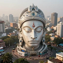 high quality 3 d cyberpunk biomorphic hanuman head building in the middle of mumbai!!, beautiful kalighat highly detailed, cinematic smooth, stephen shore & john j. park, soft morning light, wide shot, high angle, uhd 8 k, deep focus