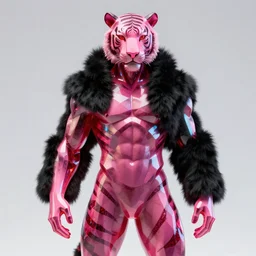 photo of baroque and bladerunner geometric neon ruby sculpture of orgasmic muscular albino prince maluma striped tiger pink iridescent humanoid deity wearing black fluffy hoody holding diamond skull in a black metallic dungeon, reclining, glowing rainbow face, crown of white diamonds, cinematic lighting, photorealistic, octane render 8 k depth of field 3 d
