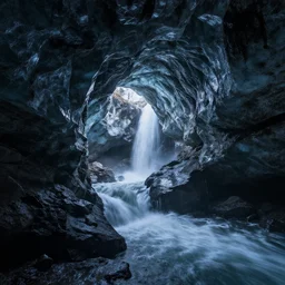 dark massive ice cave with rushing water flowing through,