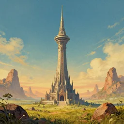 the wizard's scifi tower!!, single tower in rocky grassy field, grand landscape art by donato giancola and greg rutkowski, vintage retro, digital art, trending on artstation, symmetry!!, epic composition