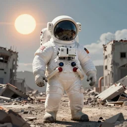 faded photographs of american white spacesuit chubby astronaut in postapocalyptic abandoned destroyed sun, wrecked buildings, destroyed flipped wrecked cars, polaroid photo, vintage, 1 9 8 5, neutral colors, rainy day, by gregory crewdson