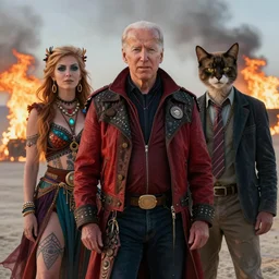photo of evil Joe Biden attending burning man with ecofeminist xenofeminist Donald Trump and a catboy Nick Land, photorealism, extremely detailed, soft lightning, playa, HD