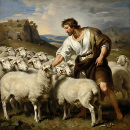 realistic painting of abel the shepherd of sheep, shepherding the flock, in the style of miguelangel