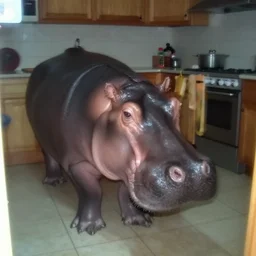 a hippopotamus in a kitchen, by mini dv camera, very very low quality, heavy grain, very blurry, accidental flash, webcam footage, found footage, security cam, caught on trail cam
