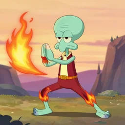 [ [ [ [ [ [ squidward ] ] ] ] ] ] wearing fire nation clothing and practicing firebending outside at susnset