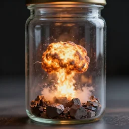 a tiny realistic nuclear explosion, inside a glass jar. sharp focus, photography, unreal engine, trending on artstation, photorealistic, octane, trending on deviantart, unreal engine