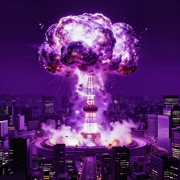 h - bomb explosion in the middle of tokyo, purple colors, in the combination of daft punk style and akira style, popular on artstation, unreal engine, drone photo, nvidia graphics,.