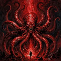 all red, highly detailed, tentacles horror rising out of abyss, sharp focus, caravaggio, masterpiece, epic composition, painting