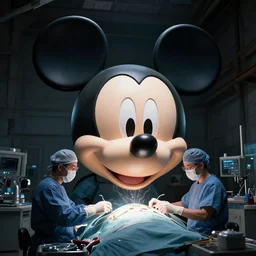 a giant mickey mouse head going through a surgery inside of a dark old warehouse, art by beeple and wlop, digital art, trending on artstation