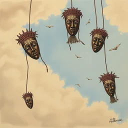 yoruba masks falling from the sky, drawing, tomine, adrian