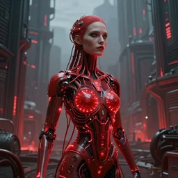 Portrait Masterpiece, Woman, in a h.r. giger city, red, glowing, wires everywhere, by Edgar Maxence and Ross Tran, Zdzisław Beksiński, and Michael Whelan, distant, gustav dore, H.R. Giger, 8k, octane render