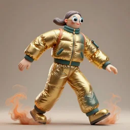 a single striding slender figurine of a tall giant inflated diver woman wearing over sized gold teal puffy bomber jacket, long bendy arms and legs, googly eyes, tareme eyes, small head, personification, dynamic pose, detailed product photo, tone mapped, beautiful composition, orange mist swirling at feet, 8 5 mm, f 5. 8