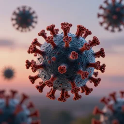 high definition image of an airborne virus. swirling through the air at dusk. both mesmerizing and threatening. hyper realistic photo, dusk, volumetric light, full color, upscale, 8 k, masterpiece.