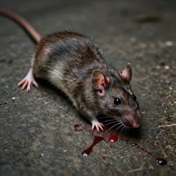 a cinematic photo of a dead rat, blood particles