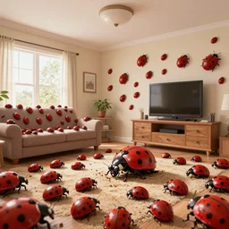 a swarm of ladybugs, millions of killer ladybugs swarm out of a mouse hold at the bottom of a wall and cover every surface in a family room, ladybugs cover a sofa tv wall ceiling floor. digital art.