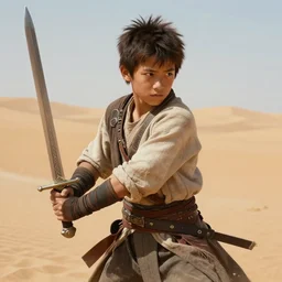 a detailed illustration of a boy in the desert holding a sword, fantasy art illustration, incredibly highly detailed and realistic, 8 k, sharp focus