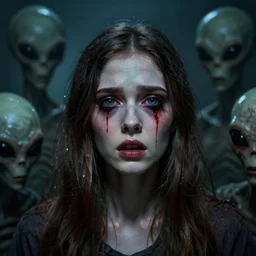 alien brood starting to erupt from a beautiful scared young woman's face