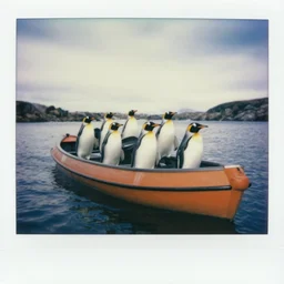 Grainy polaroid of penguins driving a lifeboat