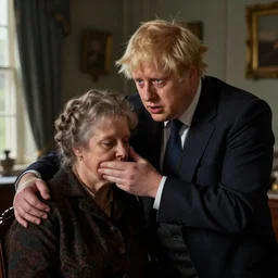 Boris Johnson with watery eyes with his mother consoling him in a victorian interior in the style of Charley Toorop